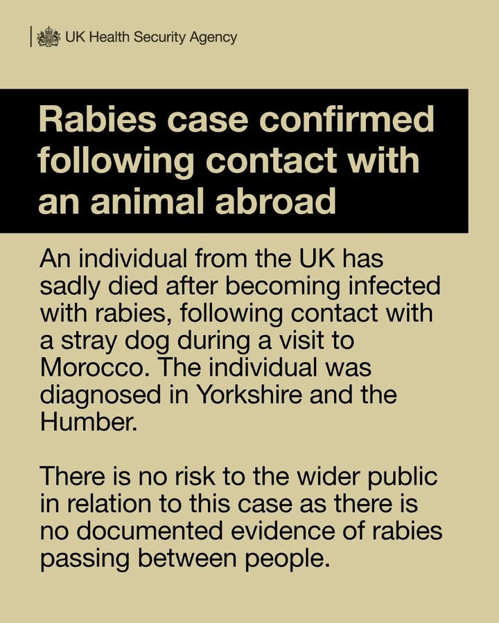 A person from the UK has sadly died after becoming infected with rabies, following contact with a dog abroad. There is no risk to the wider public in relation to this case.
📰🔗 gov.uk/government/new…