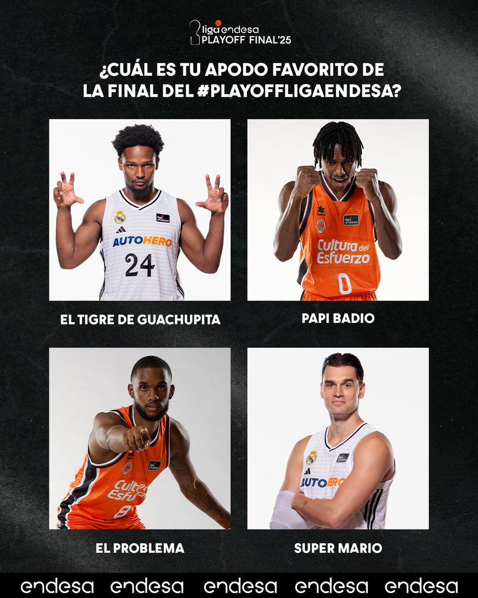 Liga Endesa (@acbcom) on Twitter photo Se viene la final del #PlayoffLigaEndesa entre <a href="/RMBaloncesto/">Real Madrid Basket</a> y <a href="/valenciabasket/">Valencia Basket Club</a> y con ella muchos de los apodos de los protagonistas 👀
¿Con cuál te quedas, <a href="/basketlover/">Endesa Basket Lover</a>? 🧐 Se viene la final del #PlayoffLigaEndesa entre <a href="/RMBaloncesto/">Real Madrid Basket</a> y <a href="/valenciabasket/">Valencia Basket Club</a> y con ella muchos de los apodos de los protagonistas 👀
¿Con cuál te quedas, <a href="/basketlover/">Endesa Basket Lover</a>? 🧐