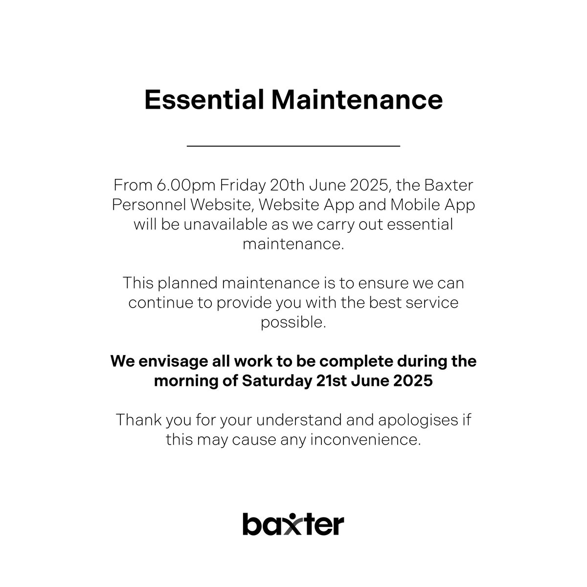 Essential Maintenance: Friday 20th June 2025 6PM