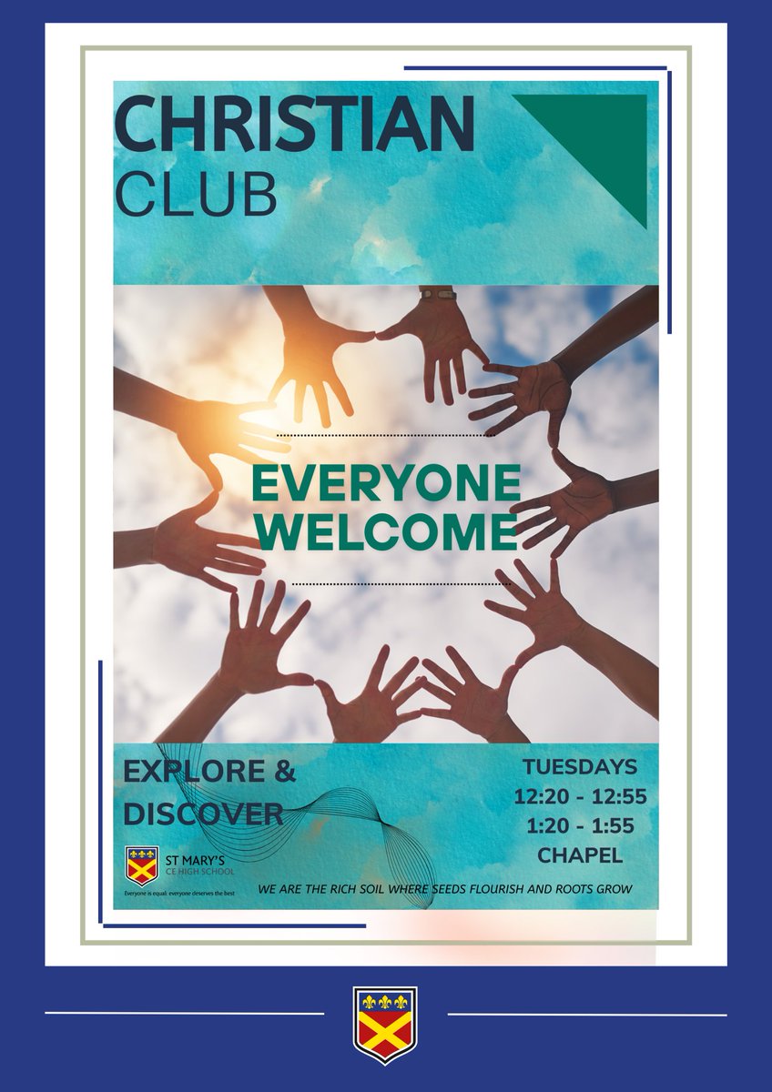 St Mary’s are delighted to announce our Christian Club will be starting from Tuesday 24th June 2025 and running every week on a Tuesday during both our staggered lunch times in our chapel. Everyone is welcome to attend. We are one community.

#christianclub #everyonewelcome