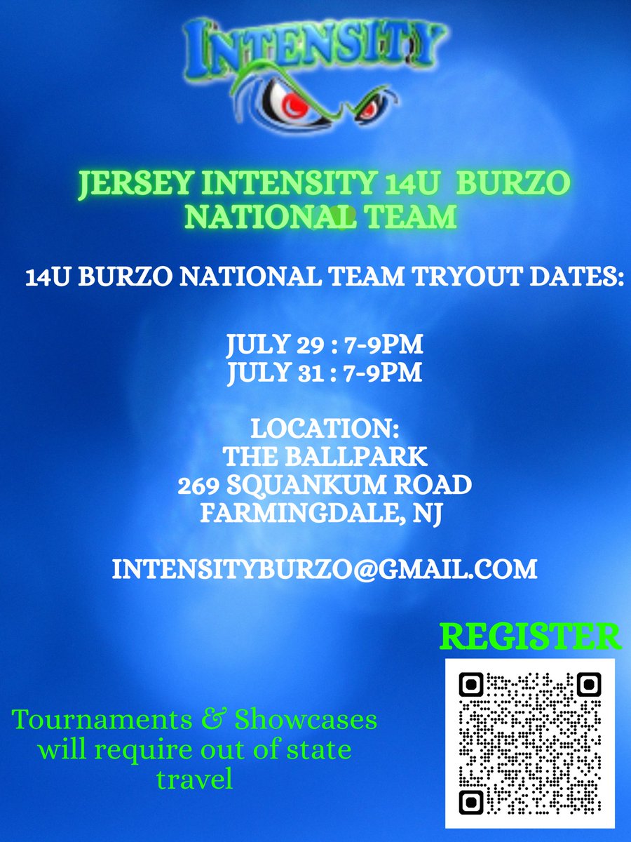 NJ Intensity 14U Burzo Tryout Dates 💙💚 

Register via QR code or direct link to form: 
forms.gle/CeMGVTdFQZKExk…