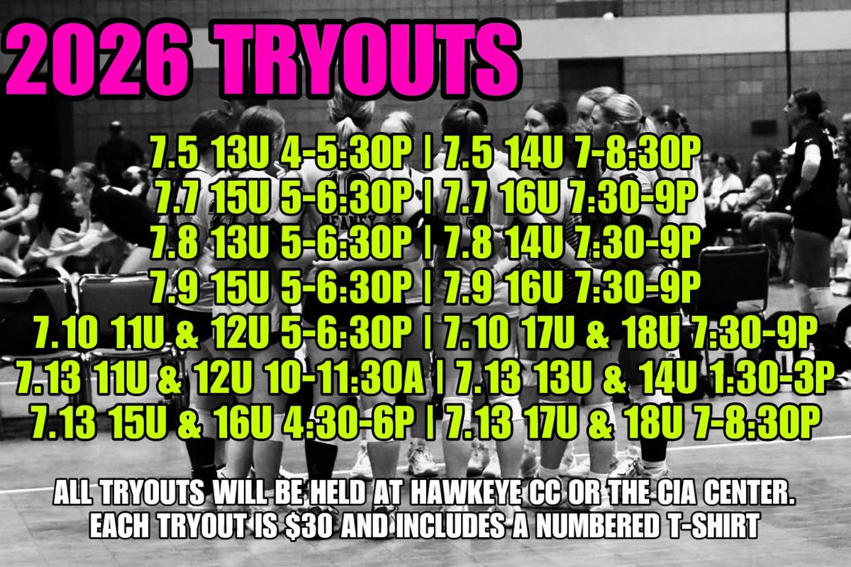 Registration for tryouts is open! Please use the link to complete the google form. Tryouts for our guys team will happen in late August (dates to be announced). 

forms.gle/JEPJ1cdgNmnHW6…

Email chrismahi@clubiowajuniors.com with any questions.