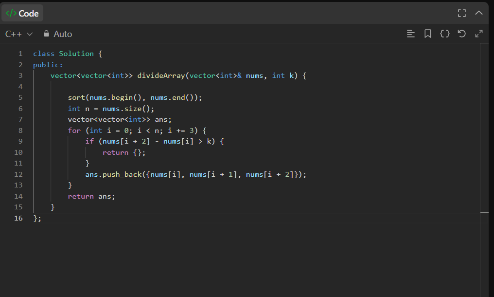 TilluCoder's tweet image. ✅POTD 
Divide Array into Arrays with max difference
PS: Took a break from everything to relax and been to a trip. Soon will be starting a new Challenge this time more hard and challenging for myself.
#leetcode #dsa #Coding