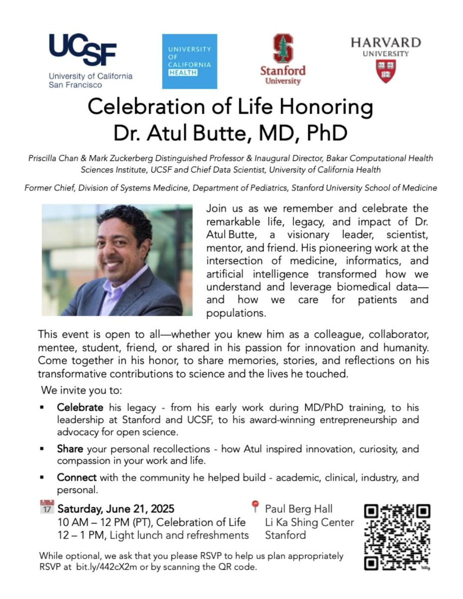 msirota84's tweet image. Dear colleagues and friends, please join to Celebrate the life of Atul Butte on Saturday at 10am. Co-hosted by @ucsf, @Stanford @Harvard