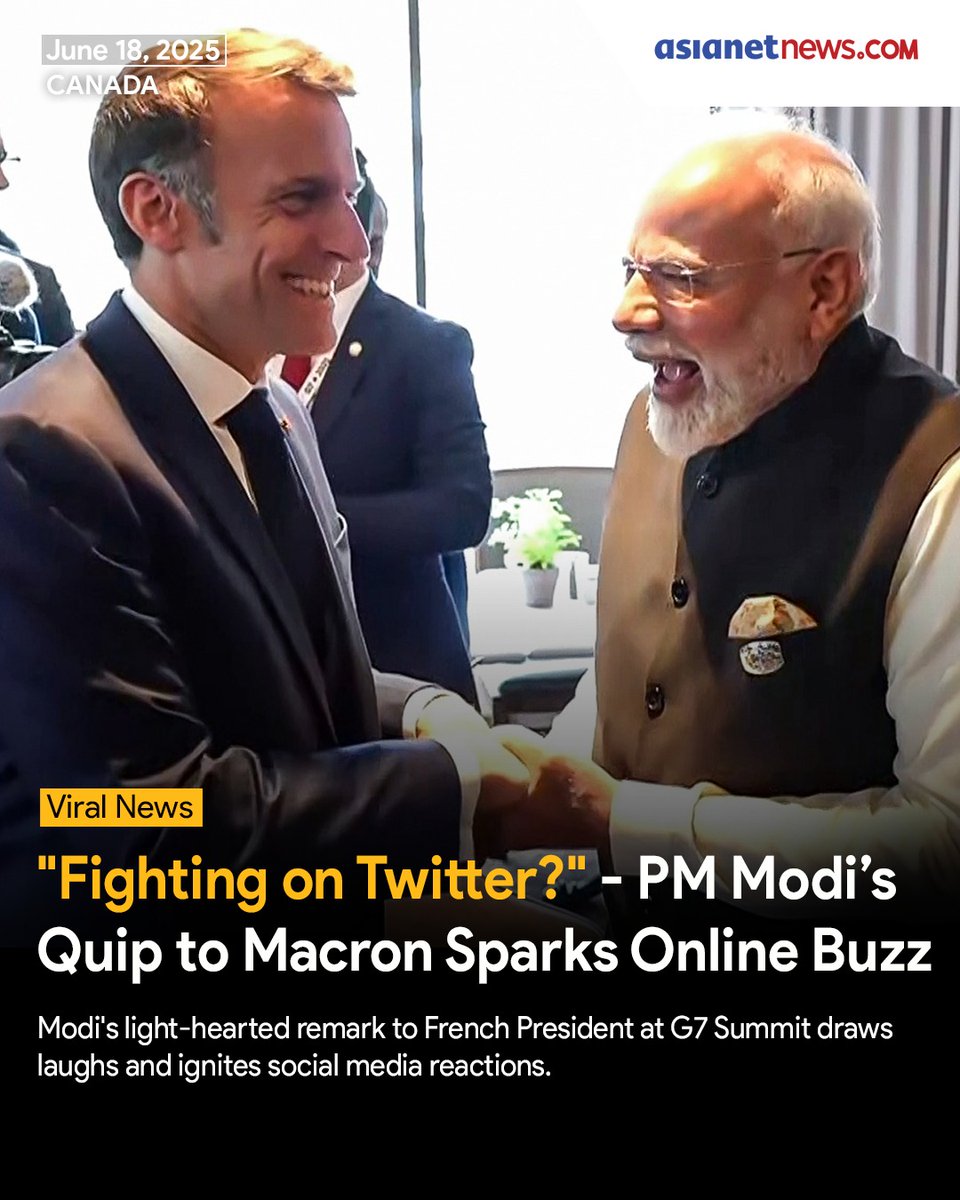 At the G7 Summit in Kananaskis, Canada, Prime Minister Narendra Modi's witty comment to French President Emmanuel Macron - "Nowadays, you are fighting on Twitter?" - sparked laughter between the leaders and quickly went viral online. The remark is being linked by netizens to