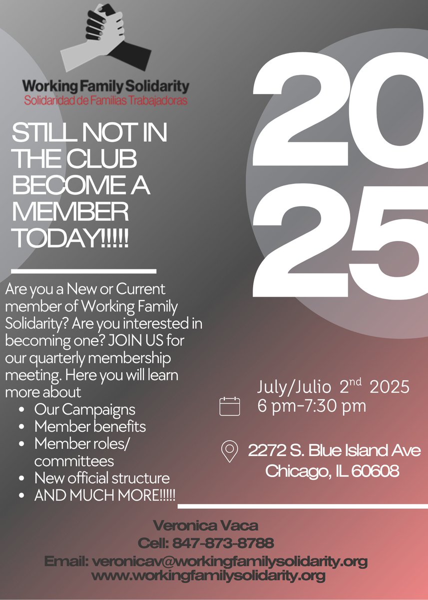 Want to fight for housing, jobs, and justice in Chicago? 💪🏾
Join our Membership Meeting on July 2nd at 6PM — open to new &amp; current members!

📍 2272 S. Blue Island Ave
🗣 Campaigns, benefits, roles &amp; more!
Text/call Veronica: 847-873-8788
#WorkingFamilySolidarity #ChiOrganizing