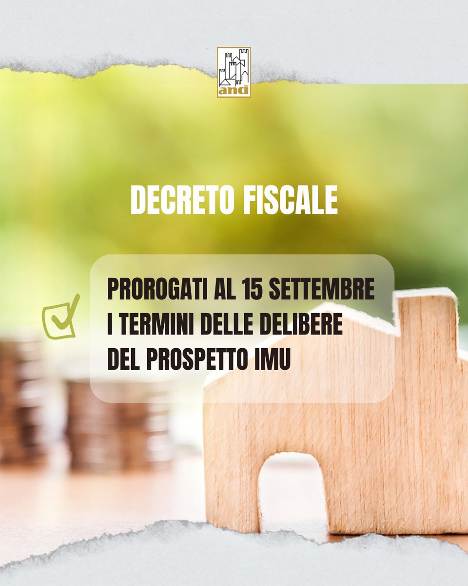 🔸DECRETO FISCALE🔸
Prorogati i termini delle delibere del prospetto Imu al 15 settembre 2025 come richiesto dall' Anci.

La norma riapre i termini delle delibere approvative del Prospetto Imu che dal 2025 è obbligatorio per tutti i Comuni.

✅ anci.it/decreto-fiscal…