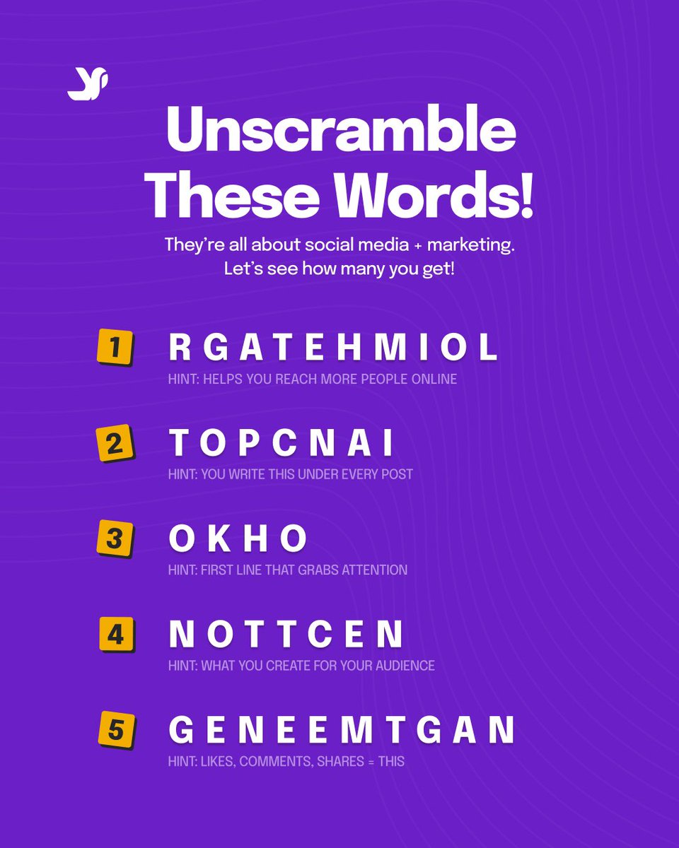 PlugLinkNG's tweet photo. Can you unscramble these social media buzzwords?
Tag a friend and see who’s the real marketing guru!
#unscramble #trivia #unscrambletheword #marketingterms https://t.co/OAQW0tQPtU