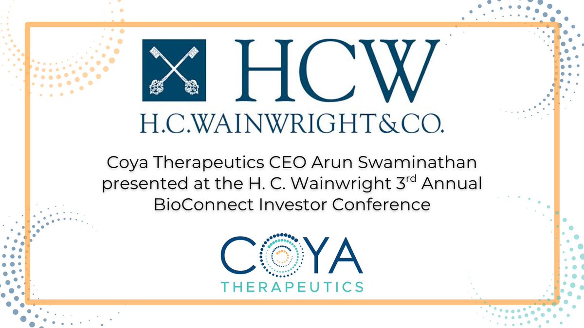 Coya Therapeutics (@coyatx) on Twitter photo #ICYMI, Our CEO Arun Swaminathan recently presented at the <a href="/HCWCO/">H.C. Wainwright & Co.</a> Annual BioConnect Investor Conference in May about the latest with the Company and our therapeutics.
You can listen to the full presentation by following this link to the webcast: bit.ly/4jzqQeh
$COYA #ICYMI, Our CEO Arun Swaminathan recently presented at the <a href="/HCWCO/">H.C. Wainwright & Co.</a> Annual BioConnect Investor Conference in May about the latest with the Company and our therapeutics.
You can listen to the full presentation by following this link to the webcast: bit.ly/4jzqQeh
$COYA