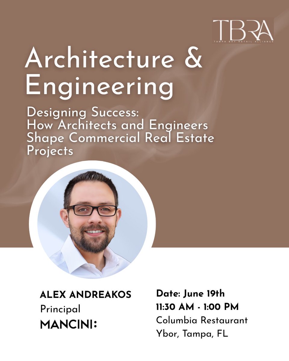 Tomorrow! 📣 Alex Andreakos LEED AP, Mancini Principal, will participate in a dynamic panel discussion hosted by the Tampa Bay Retail Alliance in Tampa, FL.
🔗 Learn more and register: bit.ly/3HLbbLx
#CRE #Architecture #Engineering #ManciniDuffy #TampaBayRetailAlliance