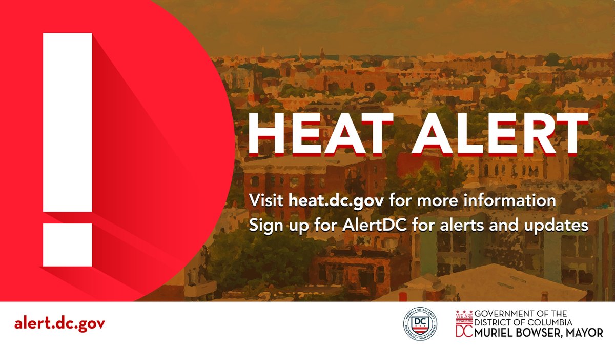 ⚠️ Heat Alert⚠️

(6/18) Temps are expected to be over 95 degrees heat index. Stay hydrated, avoid outdoor activity, wear light clothes &amp; check on elderly/kids. Visit Heat.dc.gov to find the nearest cooling center near you. For more updates follow AlertDC. #ReadyDC