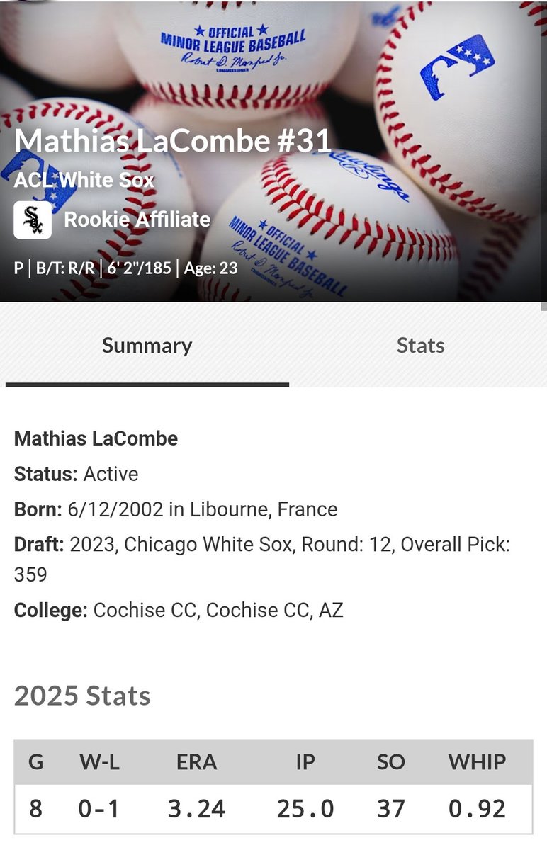 MichalLACOMBE2's tweet image. Another big outing for @LacombeMathias4 vs @Mariners with ACL @whitesox.
3IP, 1H, 0R, 0BB, 3K...
FB 93-96
SL 78-82
SPL 84-86
ERA is now 3.24 and WHIP 0.92
Let's go Mathias...💪⚾️🔥🇨🇵