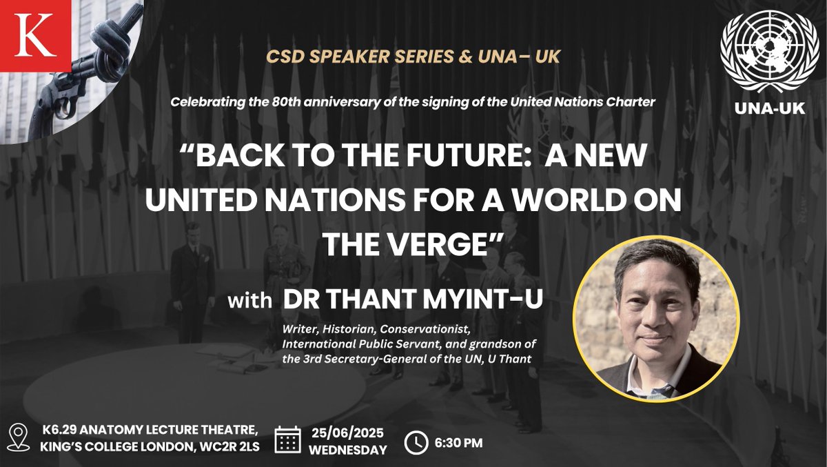 War Studies (@warstudies) on Twitter photo The UN Charter turns 80 at a critical moment as the UN faces financial challenges & mounting criticism. Can it reclaim its role in global peacemaking? Join Dr <a href="/thantmyintu/">Thant Myint-U</a> for a fresh perspective on its past, present & future.
📅25 Jun |📍Strand
đź”— bit.ly/3FIM3oa The UN Charter turns 80 at a critical moment as the UN faces financial challenges & mounting criticism. Can it reclaim its role in global peacemaking? Join Dr <a href="/thantmyintu/">Thant Myint-U</a> for a fresh perspective on its past, present & future.
📅25 Jun |📍Strand
đź”— bit.ly/3FIM3oa