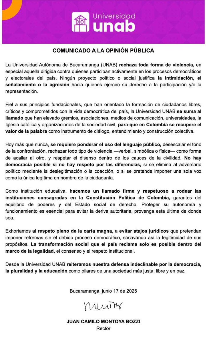 #Atención | La UNAB se pronuncia ante la reciente escalada de violencia que se presenta en el país.