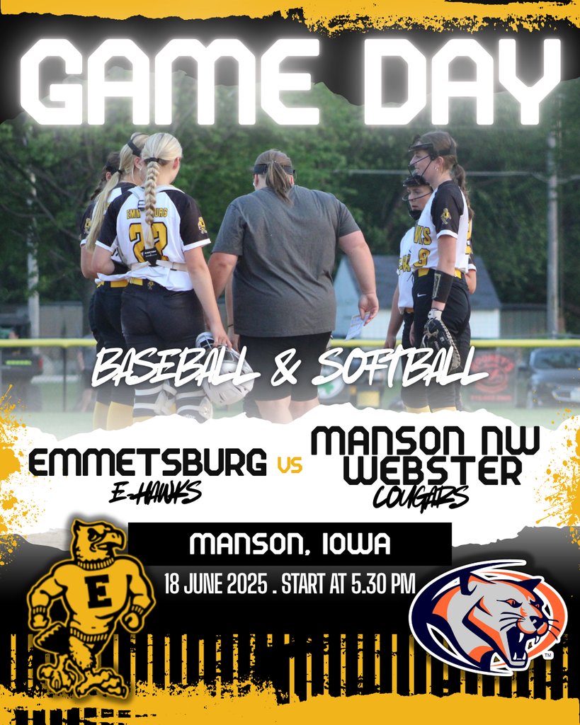 ⚾️🥎 The E-Hawks hit the road tonight!
They head south to Manson to take on the Manson-NW Webster Cougars in Twin Lakes Conference play.

🕠 JV – 5:30 PM
🌟 Varsity – 7:00 PM

Good luck to our baseball and softball teams — let’s go, E-Hawks! 💛🖤
#EHawkPride