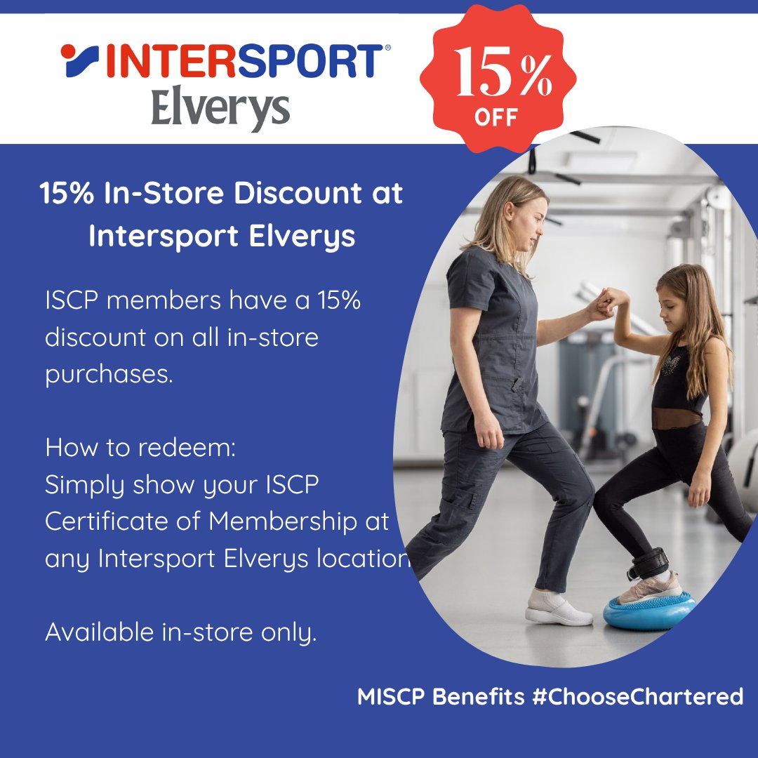 _ISCP_'s tweet image. We’re delighted to announce a new partnership with @intersportelverys - #MISCPs can now receive 15% off in-store on full price items - just show your membership certificate.
This is just one of the many benefits of being an ISCP member
#ReasonsToRenew
#ChooseChartered…