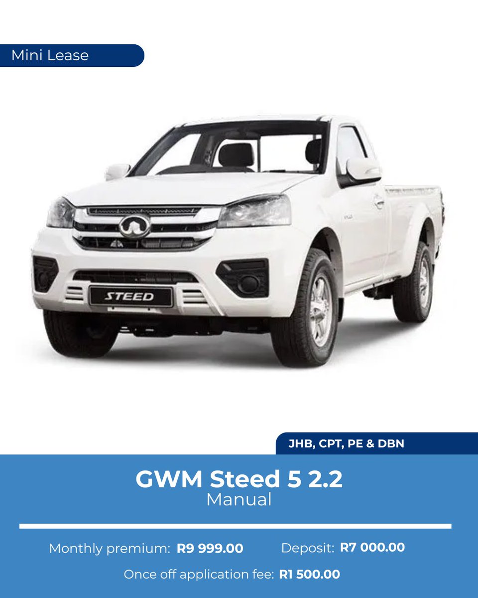 GearFlexZA's tweet photo. Get the Job Done with Gear Flex’s Mini Lease Bakkie Fleet!

Need a tough, reliable bakkie without the long-term commitment? Our Mini Lease Bakkie Fleet offers brand-new vehicles at prices starting from just R7 950.00 per month, giving you the flexibility to work smarter. https://t.co/PxCvs4OV1s