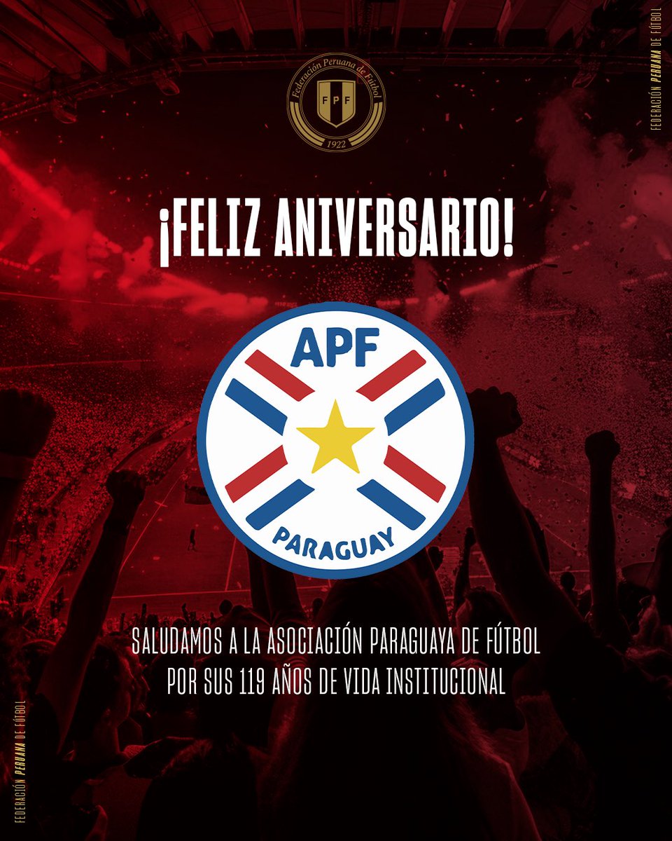 ⚽️🇵🇾 Desde la Federación Peruana de Fútbol saludamos a la Asociación Paraguaya de Fútbol en su aniversario, destacando su compromiso con el crecimiento del fútbol sudamericano.

¡Feliz aniversario, <a href="/APFOficial/">APF</a>! 🎊