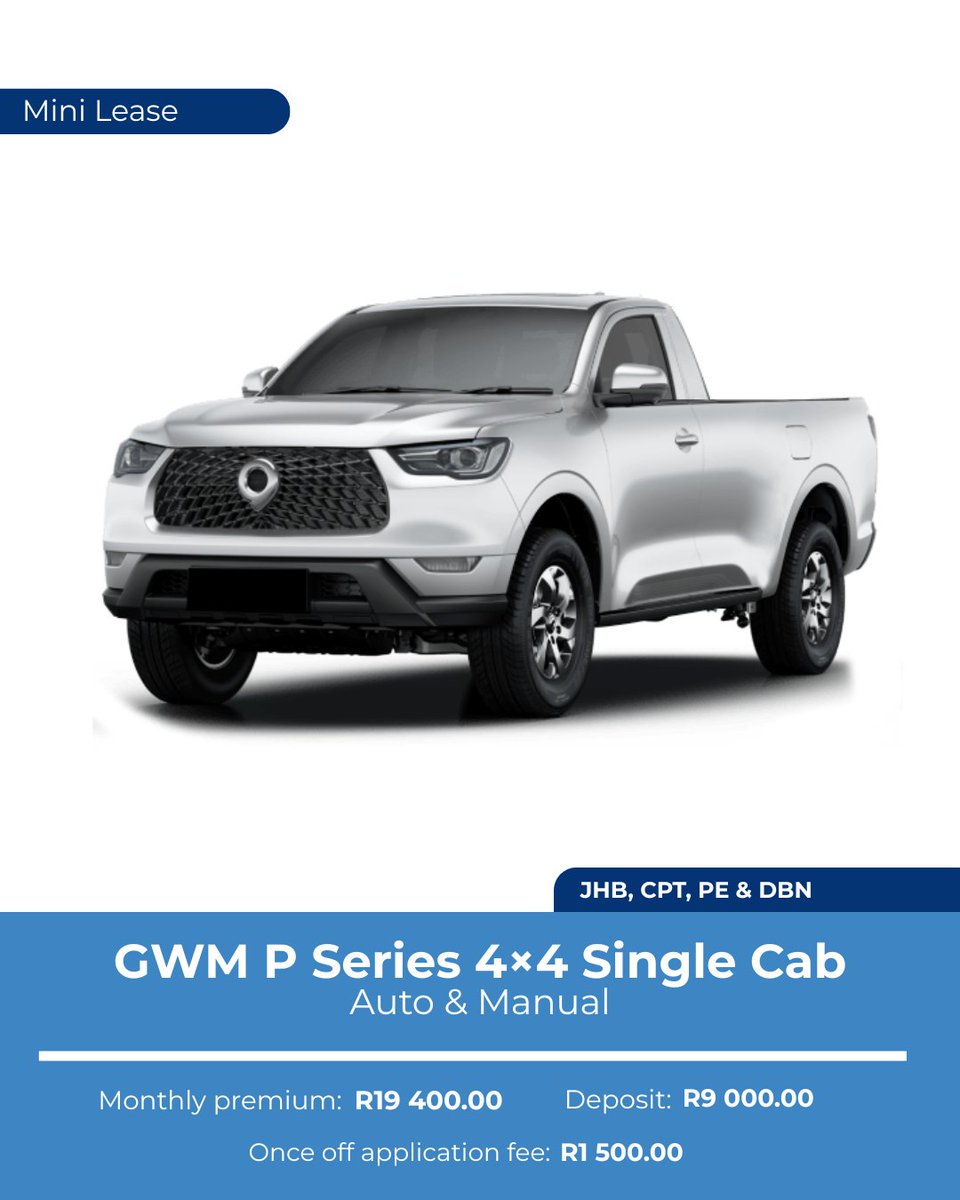 GearFlexZA's tweet photo. Get the Job Done with Gear Flex’s Mini Lease Bakkie Fleet!

Need a tough, reliable bakkie without the long-term commitment? Our Mini Lease Bakkie Fleet offers brand-new vehicles at prices starting from just R7 950.00 per month, giving you the flexibility to work smarter. https://t.co/CMfKta6fQN