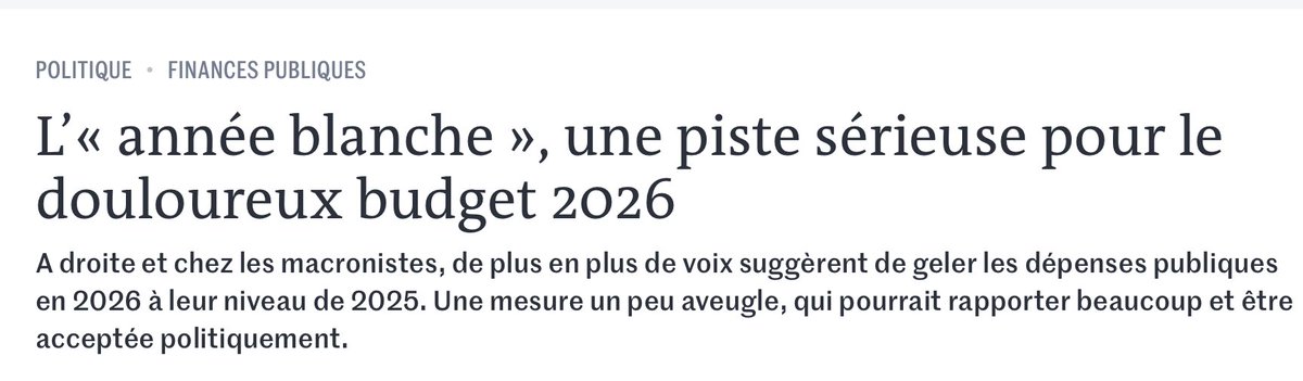 2 options claires sont donc sur la table pour 2026,  chacune de l'ordre de 20 milliards  

1) impôt plancher sur les ultra-riches, 1800 familles sous-taxées  

2) année blanche, soit la baisse de toutes les dépenses publiques: hôpitaux, écoles, etc

Cela a le mérite de la clarté