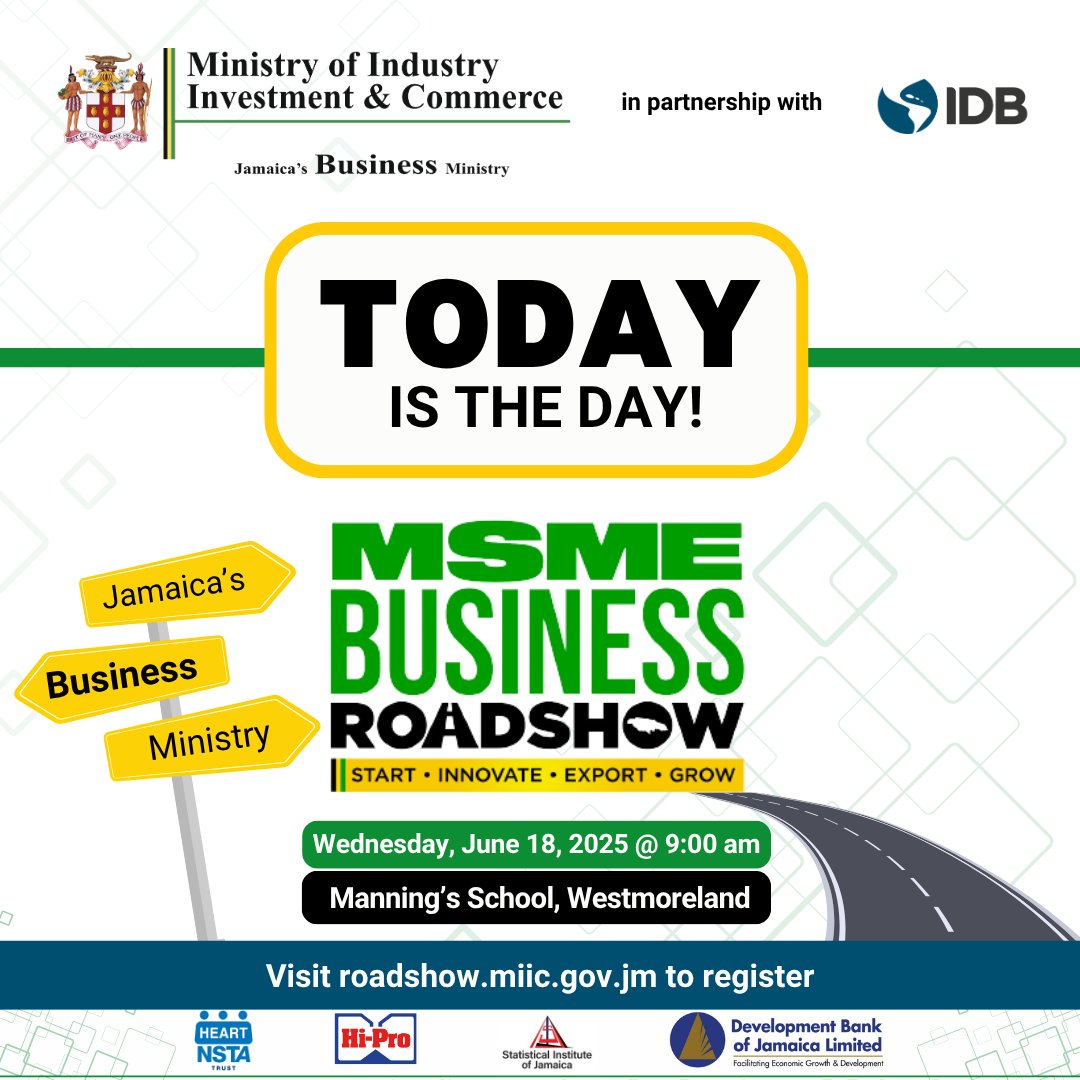 📍Happening TODAY!

The #MSMEBusinessRoadshow is live at Manning’s School, Westmoreland 🕘 9AM
💼 Connect. Learn. Grow.
✅ 15+ expert booths (JBDC, JAMPRO, JIPO)
✅ Pitch to win up to $400K!

Don’t miss this MSME game-changer 👉 roadshow.miic.gov.jm

#industryminja  #MSMEs
