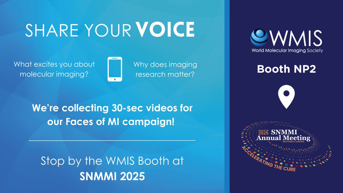 WMIS WMIC (@wmiswmic) on Twitter photo 🎥 Stop by the WMIS Booth (NP2) at #SNMMI2025!
We’re inviting YOU to record a 30-second video for our Faces of Molecular Imaging campaign.
💬 What excites you about molecular imaging?
💬 Why does imaging research matter?
📍 Find us at Booth NP2 – we’d love to feature you! 🎥 Stop by the WMIS Booth (NP2) at #SNMMI2025!
We’re inviting YOU to record a 30-second video for our Faces of Molecular Imaging campaign.
💬 What excites you about molecular imaging?
💬 Why does imaging research matter?
📍 Find us at Booth NP2 – we’d love to feature you!