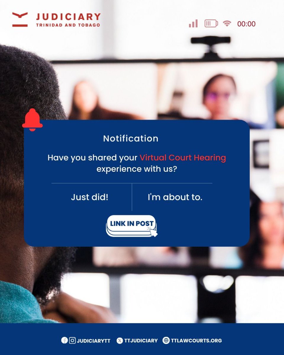 TTJudiciary's tweet image. Reminder 📌:Tell us about your experiences with virtual court hearings. Access the survey now via the following link forms.office.com/r/A4bWdD9FEr