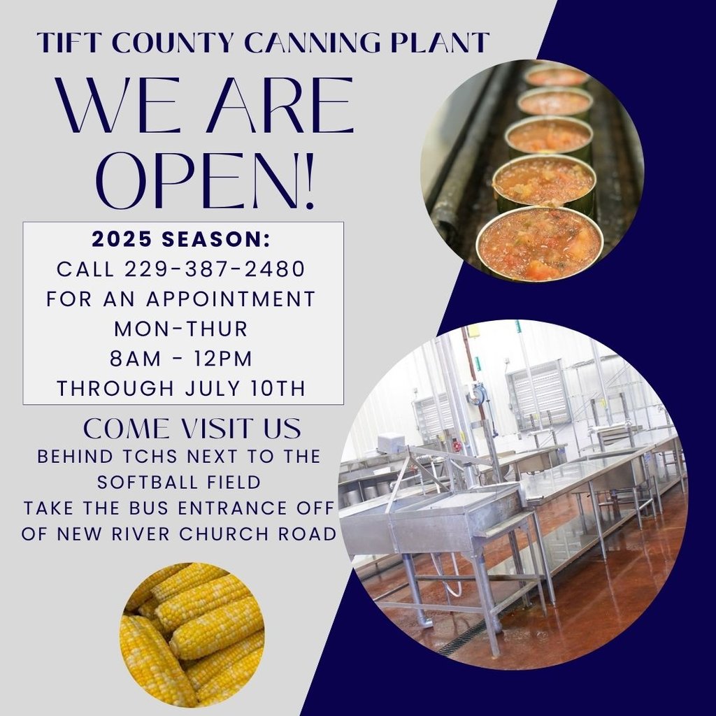 📣 The Tift County Canning Plant is now OPEN!
📅 Hours: Monday – Thursday | ⏰ 8:00 AM – 12:00 PM
📞 Call (229) 387-2480 to schedule your appointment today.
 #4theT