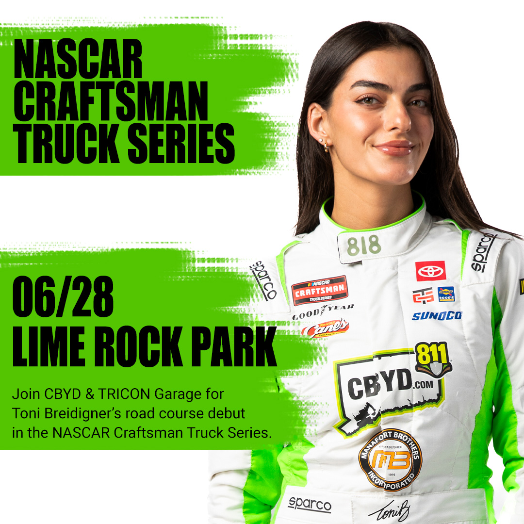 CBYD811's tweet image. Don’t miss Toni Breidinger in the NASCAR Craftsman Truck Series at Lime Rock Park!
📅 June 28 | 🕐 1:00PM ET
🎟️ Tickets: limerock.com
📺 Watch live on FOX
#CBYD #NASCAR #LimeRockPark