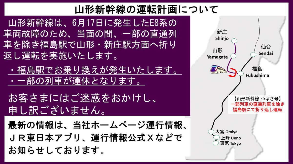 6月17日（火）に発生した、東北新幹線および山形新幹線内でのE8系の