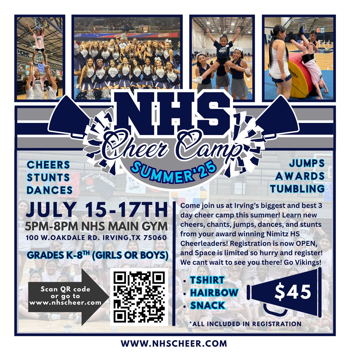 Time for our cheer camp!!! Sign up your kids for 3 days of fun, stunts, jumps, dances and cheers! We can't wait to see you! Sign up at nhscheer.com!!