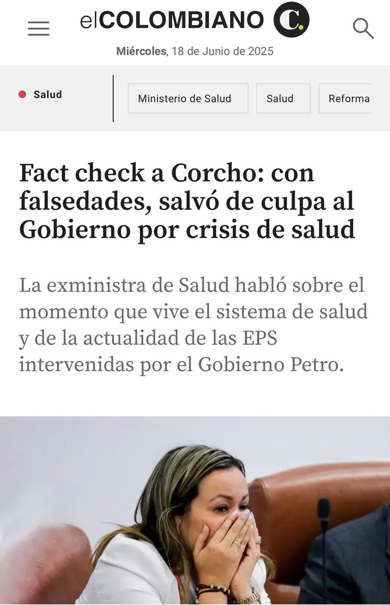 Fact check a <a href="/carolinacorcho/">Carolina Corcho</a> : con falsedades salvó de culpa a Gobierno por crisis FABRICADA Y sin precedentes inducida a salud 
Repito: RESPONSABLES HAY y ella es la primera con <a href="/petrogustavo/">Gustavo Petro</a> y <a href="/GA_Jaramillo/">Guillermo Jaramillo</a> ,DILUSIÓN DE RESPONSABILIDAD como “método “ elcolombiano.com/colombia/salud…