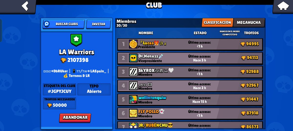 Nuestro nuevo club LA Warriors llega a las 2.1M de copas.🏆
Pronto en el top también.🔝🇪🇦
#BrawlStars #LASpain