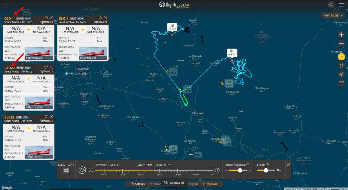 Unusual coincidence or calculated preparation?
USAF KC-46A tankers with callsign “GOLD” were operating over Saudi Arabia on June 17. Hours later, Royal Saudi Air Force Pilatus PC-21 aircraft appeared with the identical “GLD” callsign series during training flights.

With rising