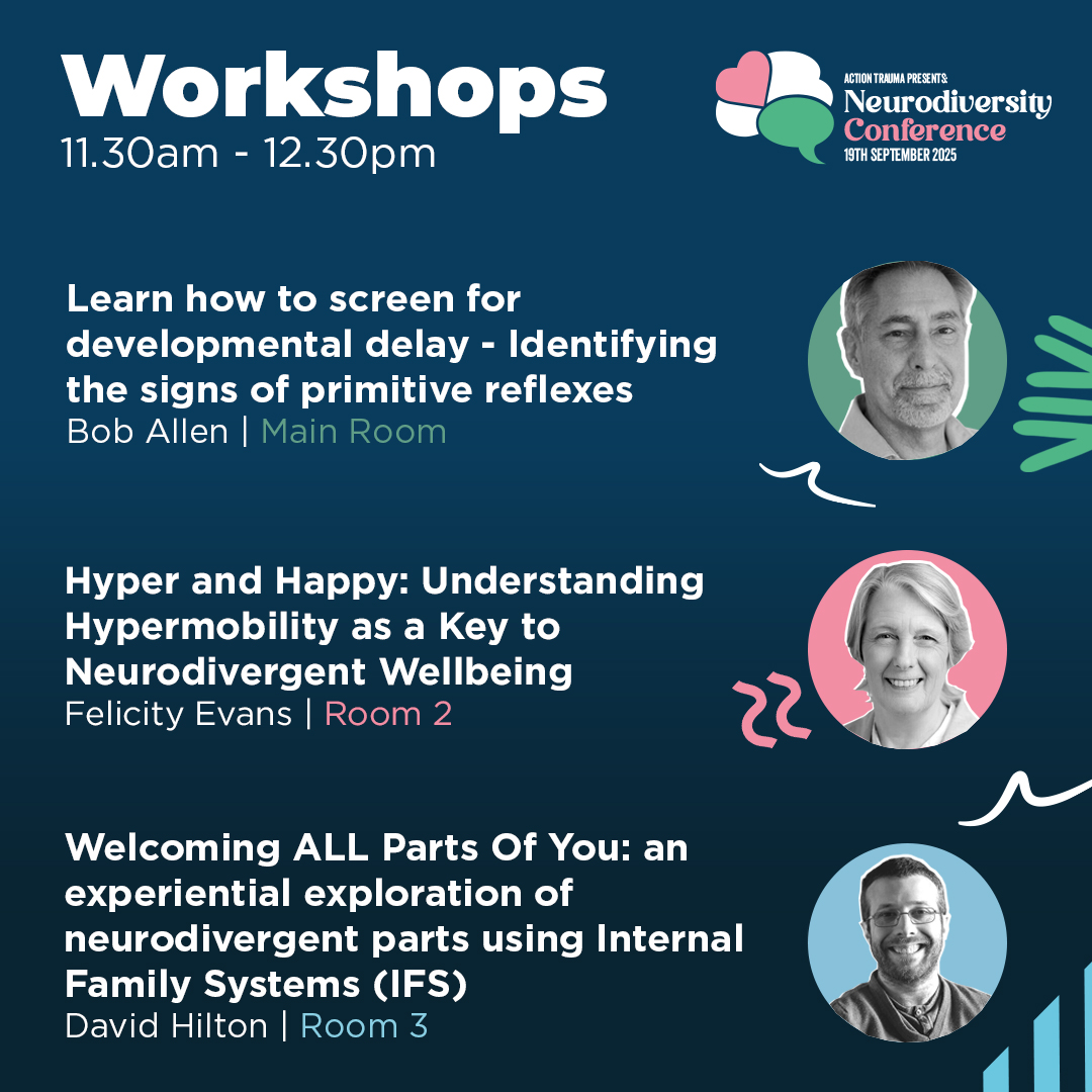 Workshops at #NeurodiversityConference 2025:
🧠 Bob Allen – Screen for developmental delay
💡 Felicity Evans – Hyper &amp; Happy
🧩 David Hilton – Explore IFS &amp; neurodivergence
📍 Belfast | 🗓️ 19 Sept
🎟️Tickets: bit.ly/4dL9ud2