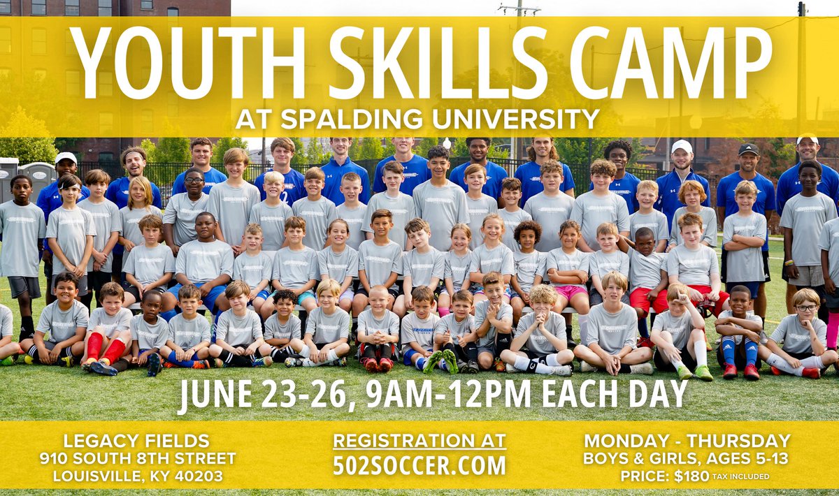 502 Soccer (@502soccer) on Twitter photo 𝗬𝗢𝗨𝗧𝗛 𝗦𝗞𝗜𝗟𝗟𝗦 𝗖𝗔𝗠𝗣 with <a href="/SpaldingMSOC/">SpaldingU Men’s Soccer</a> is NEXT WEEK!
Join us for a fun week with league play, camp tourney & individual skill development
⚽️ Boys & Girls, Ages 5-13
🗓 June 23-26
⏱️ 9AM-12PM
💲 $180
📍 Legacy Fields
REGISTER: 502soccer.com 𝗬𝗢𝗨𝗧𝗛 𝗦𝗞𝗜𝗟𝗟𝗦 𝗖𝗔𝗠𝗣 with <a href="/SpaldingMSOC/">SpaldingU Men’s Soccer</a> is NEXT WEEK!
Join us for a fun week with league play, camp tourney & individual skill development
⚽️ Boys & Girls, Ages 5-13
🗓 June 23-26
⏱️ 9AM-12PM
💲 $180
📍 Legacy Fields
REGISTER: 502soccer.com