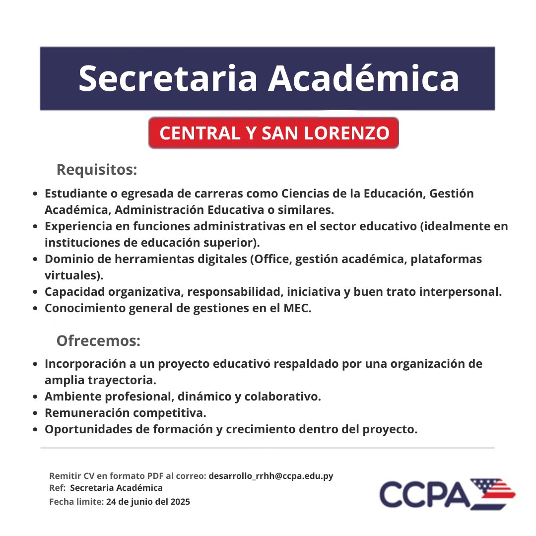 CCPA - Centro Cultural Paraguayo Americano - (@ccpa_paraguay) on Twitter photo 📚 ¡Buscamos Secretaria Académica! 🏫
🧠 Si tenés vocación por la educación, te interesa el trabajo administrativo y querés formar parte de un equipo comprometido, ¡te estamos buscando!
📩 Enviá tu CV a desarrollo_rrhh@ccpa.edu.py .
¡Sumate a nuestro equipo!
#TrabajoYa 📚 ¡Buscamos Secretaria Académica! 🏫
🧠 Si tenés vocación por la educación, te interesa el trabajo administrativo y querés formar parte de un equipo comprometido, ¡te estamos buscando!
📩 Enviá tu CV a desarrollo_rrhh@ccpa.edu.py .
¡Sumate a nuestro equipo!
#TrabajoYa