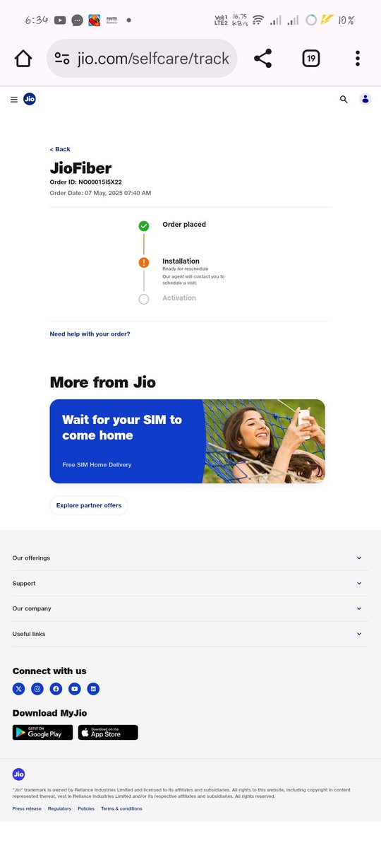 RiteshR58's tweet photo. @JioCare I had booked Jio Fiber and its KYC was done on 7th May but till now I have neither contacted anyone for installation nor has any schedule come. Please give a schedule and get it installed as soon as possible. If it is not happening then I am getting 5 Jio SIMs ported. https://t.co/1xHX8dT6ES