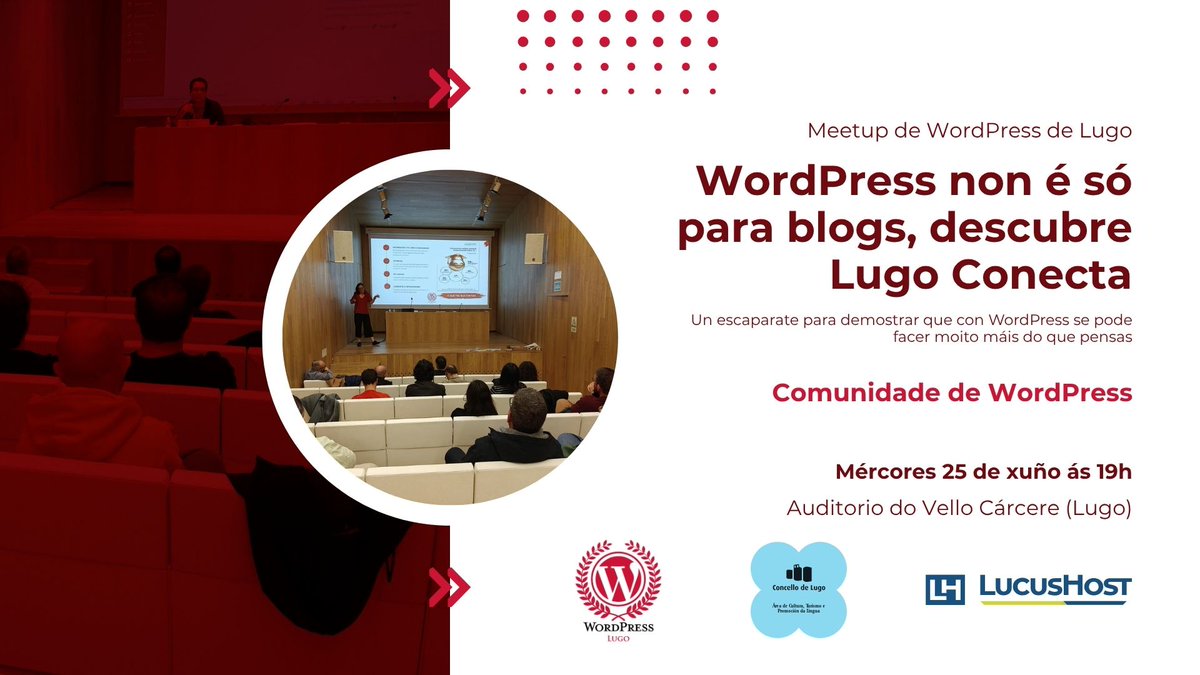 🔴 WordPress non é só para blogs, descubre Lugo Conecta.

Última Meetup da tempada antes do parón estival.

Acompáñanos! O próximo día 25 de xuño a partir das 19h presentamos un proxecto para demostrar o poder de WordPress.

Agardámoste!

wplugo.eu/evento/wordpre…
