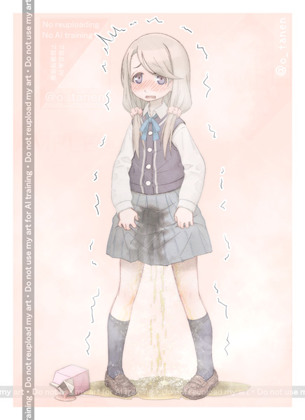 『飲食したら すぐ出るタイプの桜子ちゃん (大食い)』
500㎖のパック飲みほした尿意に負け、パックでの緊急回避を決断できぬまま 限界が来ちゃった感じ。

息抜きの『mono』の敷島桜子です～😃
自分のオリキャラと近い事もあって、見た目が好み。
500㎖パックで飲んでたのも 自キャラと近くて好き。 