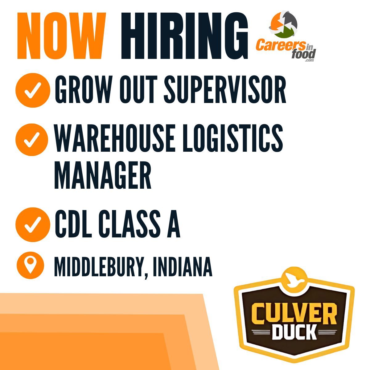 Culver Duck Farms is hiring in Middlebury, Indiana! Open positions include:

- Grow Out Supervisor
- Warehouse Logistics Manager
- CDL Class A 

Apply here: careersinfood.com/culver-duck-fa… 

#JobSearch <a href="/Culver_Duck/">Culver Duck Farms</a>