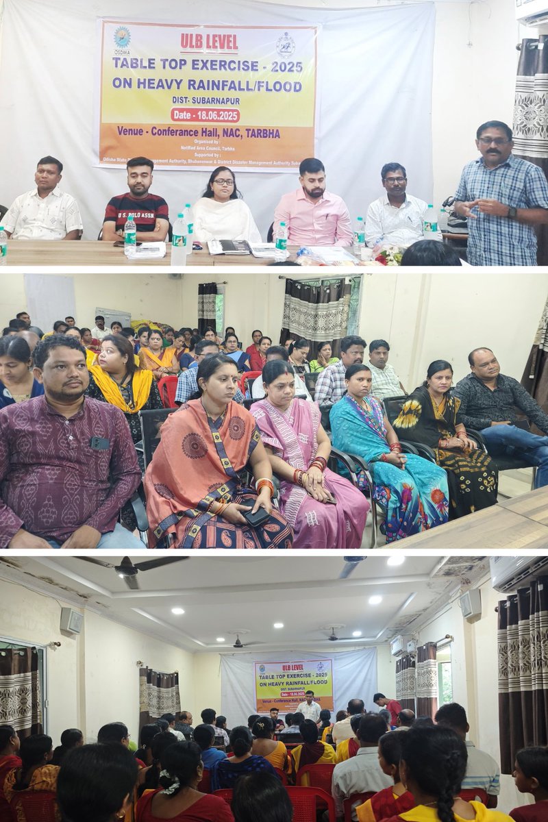 ULB Level Table Top Exercise on heavy Rainfall /Flood Conducted by NAC Tarbha. Representatives from various line departments, Elected ULB representatives along with dignatories, AWWs, Swasthya Karmis and all staff of this NAC are participate in this programme.