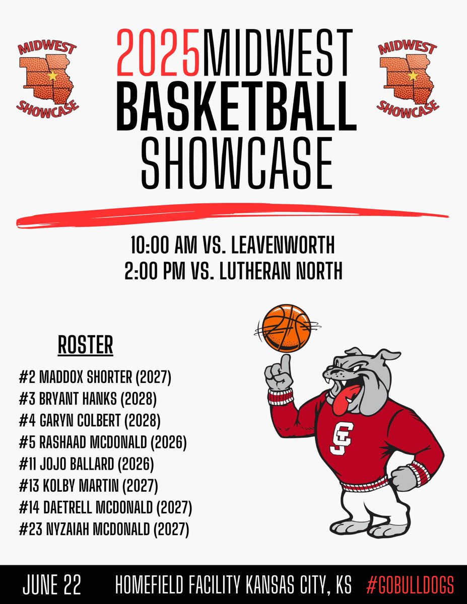 Carl Junction Boys Basketball (@cjboysbball) on Twitter photo We will be participating in the 2025 Midwest Basketball Showcase in Kansas City on Sunday. Pumped for the opportunity! #gobulldogs <a href="/MW_Showcase/">Midwest Showcase</a> <a href="/yoooshaad/">shaad</a> <a href="/shortermaddox/">Maddox Shorter</a> <a href="/JosephBallard_/">Jojo Ballard</a> <a href="/bryant_h23/">Bryant Hanks</a> <a href="/Garyn_Colbert3/">Garyn Colbert</a> <a href="/Daetrail3/">Daetrell Mcdonald</a> <a href="/KolbyMartin/">Kolby Martin</a> We will be participating in the 2025 Midwest Basketball Showcase in Kansas City on Sunday. Pumped for the opportunity! #gobulldogs <a href="/MW_Showcase/">Midwest Showcase</a> <a href="/yoooshaad/">shaad</a> <a href="/shortermaddox/">Maddox Shorter</a> <a href="/JosephBallard_/">Jojo Ballard</a> <a href="/bryant_h23/">Bryant Hanks</a> <a href="/Garyn_Colbert3/">Garyn Colbert</a> <a href="/Daetrail3/">Daetrell Mcdonald</a> <a href="/KolbyMartin/">Kolby Martin</a>