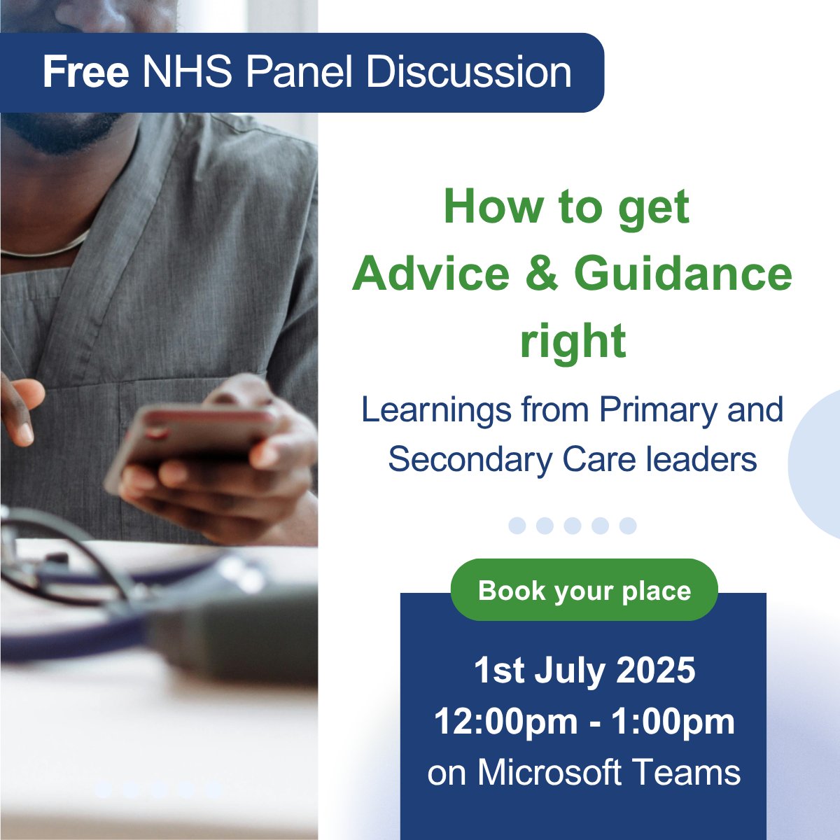Join the hundreds of #NHS colleagues already registered for our practical NHS #PanelDiscussion, where we'll explore what it really takes to deliver Advice &amp; Guidance (A&amp;G) at scale across the health service. 

There's still time for you to register bit.ly/3G9rYr4