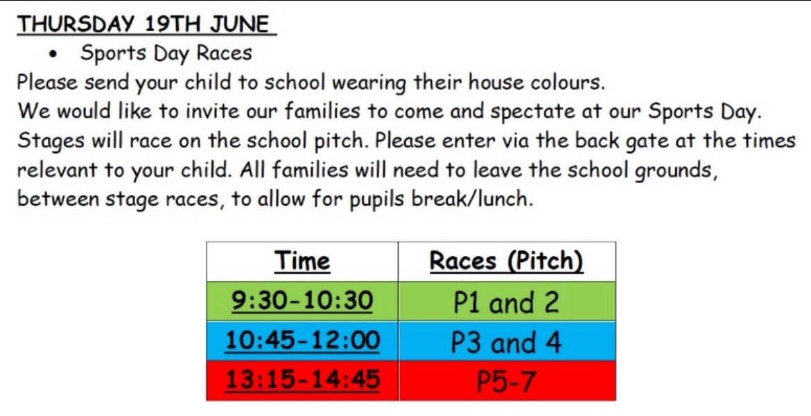 Sports Day is tomorrow! 🏆 Please see timings and information below. Pupils should wear house colours. 🔴🔵🟡🟢

Parents/ carers will only be able to enter/ exit via the back gate on Eskbank Street. We look forward to seeing you tomorrow! 
<a href="/ThorntreeHT/">thorntreeprimary</a> <a href="/thorntreeheidie/">geraldine smith</a>