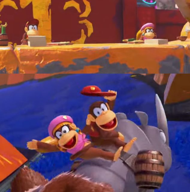 MarioBrothBlog's tweet photo. In the Donkey Kong Bananza Direct, Diddy Kong and Dixie Kong appear for two scenes for a split second each. Here are the currently highest-quality available views of the two. https://t.co/6ENMFw1xUV