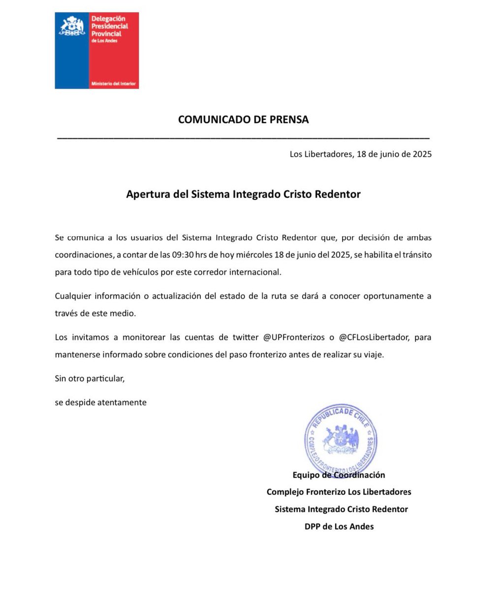 CFLosLibertador's tweet photo. [INFORMACIÓN] ⚠️🏔️

Se informa la APERTURA del Complejo Fronterizo Los Libertadores, a contar de las 09:30 horas de 🇨🇱 para todo tipo de vehículos. https://t.co/rBFFlQUmiF