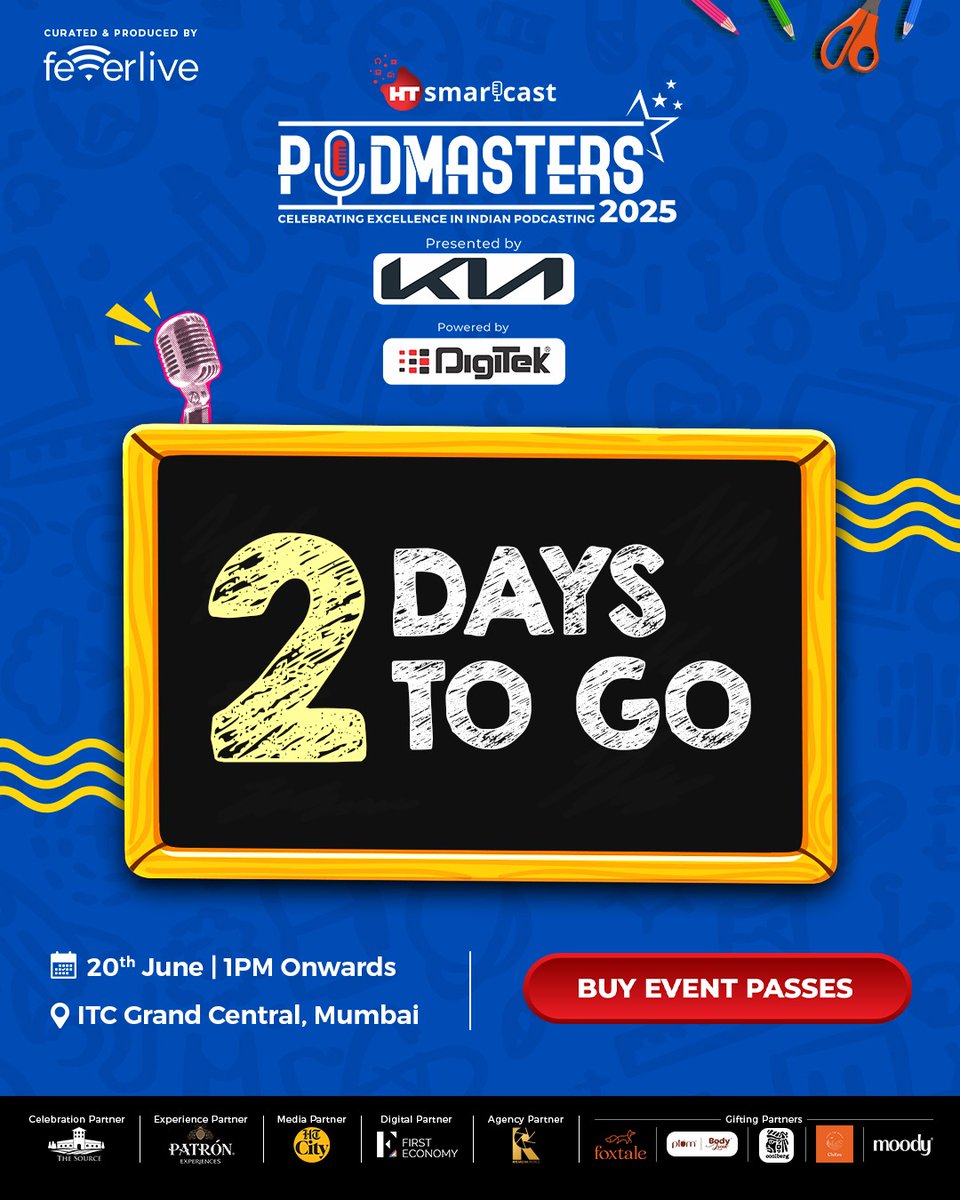 HT Smartcast (@htsmartcast) on Twitter photo ⚡️2 days from now, creators take the stage & the mics take over.
This is not just an event — it’s Podmasters 2025.🎊🎉
Don't miss this opportunity and buy your event passes now! events.htmedia.in/podmasters2025
#Podmasters2025 #HTSmartcast #HindustanTimes #FeverFM ⚡️2 days from now, creators take the stage & the mics take over.
This is not just an event — it’s Podmasters 2025.🎊🎉
Don't miss this opportunity and buy your event passes now! events.htmedia.in/podmasters2025
#Podmasters2025 #HTSmartcast #HindustanTimes #FeverFM