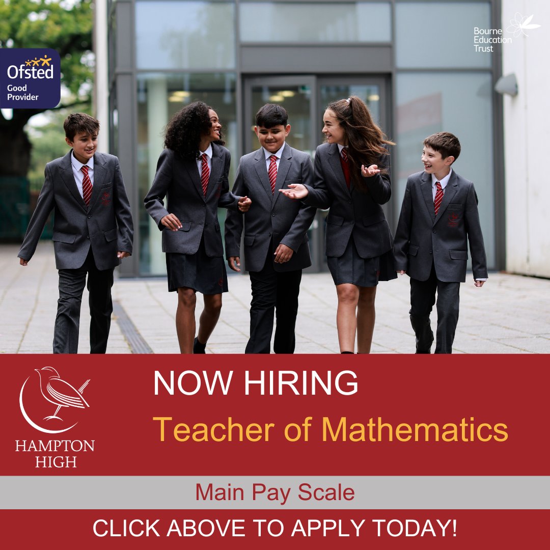 We're currently recruiting for enthusiastic and dedicated Teachers of Mathematics to support our diverse and inclusive community at Hampton High.        

Click below or check out our website for more information!
careers.bourne.education/careers-search…

#hampton_high