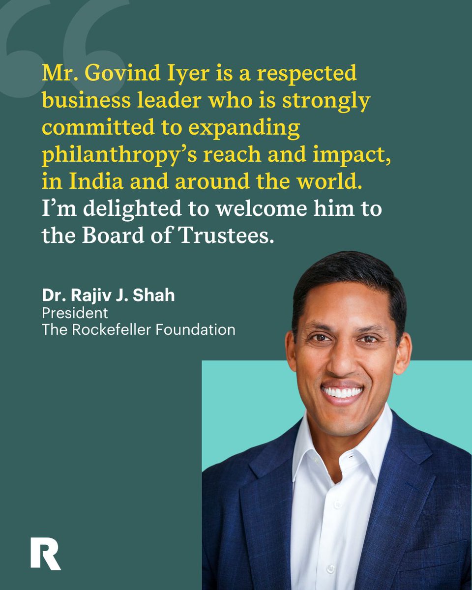 Dr. Rajiv J. Shah (@rajshah) on Twitter photo I’m thrilled to share that Govind Iyer will be joining The <a href="/RockefellerFdn/">The Rockefeller Foundation</a>’s Board of Trustees. He’s a well-respected business leader with a strong commitment to philanthropy and will help us continue to deliver results in the Asia-Pacific and beyond. rockfound.link/4n7g6qp I’m thrilled to share that Govind Iyer will be joining The <a href="/RockefellerFdn/">The Rockefeller Foundation</a>’s Board of Trustees. He’s a well-respected business leader with a strong commitment to philanthropy and will help us continue to deliver results in the Asia-Pacific and beyond. rockfound.link/4n7g6qp